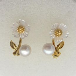 Dangle Earrings Beautiful Natural Shell Flower White Freshwater Cultured 5-6MM Pearl Tibetan Silver