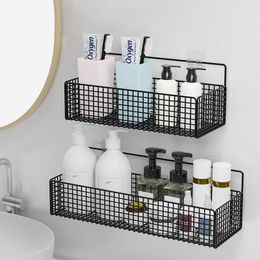 Bathroom Shelves Black Wall-mounted Shelf Shower Shampoo Rack Toilet Accessories Kitchen Free Punch Condiment Storage Basket 221121