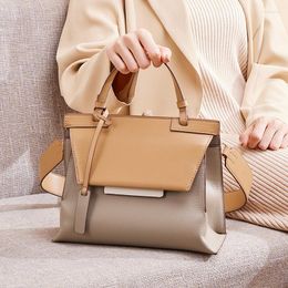 Evening Bags WOONAM Women Fashion Handbag Genuine Calf Leather Contrast Color Double Straps Top Handle Flap Cover Shoulder Bag WB0304