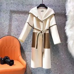 Fashion women's wool coat designer Outerwear Blends splicing double-sided tweed Hooded Coats winter warm slim long coats with belt