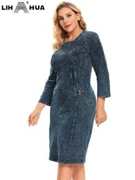 Plus size Dresses LIH HUA Women's Plus Size Denim Dress Fall Casual Fashion High Stretch Cotton Knit Dress with Pockets 221121