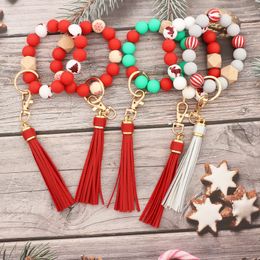 Christmas Cartoon Beaded Keychains Silicone Bead Bracelet Wrist Keyring XMAS Gift Tassel Key Chain