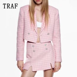 Two Piece Dress Casual Dresses TRAF Women Suits With Skirt Sets Pearl Button Cropped Blazer Woman 2 Pieces Plaid Jacket Suit Mini Skirts Female Set 221121