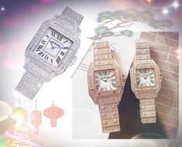 Full Diamonds Men Women Square Roman Watches Quartz Movement Iced Out Shiny Lover set auger crime auto date Ceramic Sapphire Glass wristwatch montre de luxe gifts