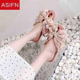 Asifn Sandals Cute Bow Slippers Women Summer Breathable In Style Outdoor Wear Korean Flowers Beach Sweet Flat Shoes J220716