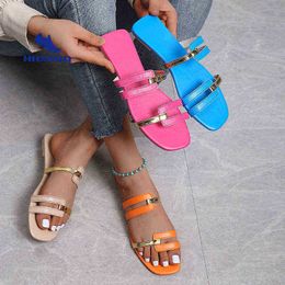 2022 Women Slipper Candy Colors Flat Toe Bohemian Summer Beach Sandals Ladies Shoes Plus Size Mujer Verano Shoes J220716