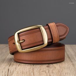 Belts Men's Jeans Belt 3.8cm Wide Dress Casua Embossed Vintage Thicken Full Grain Leather Gold Brass Buckle Luxury Handmade