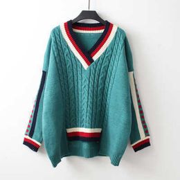 Women's Knits Tees Harajuku Contrast Striped Oversized Pullovers Winter Korean Preppy Style V Neck Knitted Sweater Women Street Warm Loose Jumpers T221012