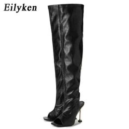 Boots New Design White Black Peep Toe Over the Knee Boots Fashion Runway Sexy Zip Womans Cut Out Thin High Heels Shoes 220913