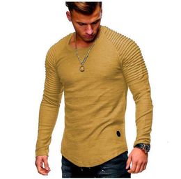 Men's TShirts European and American spring men's round neck slim solid color longsleeved tshirt striped pleated raglan sleevesb 221121