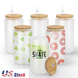 US warehouse 16oz Sublimation Glass Mugs Cup Blanks With Bamboo Lid Frosted Beer Can Glasses Snow Globe Tumbler Mason Jar Plastic Straw GG0330