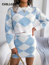 Two Piece Dress Casual Dresses CHILLGIO Lingge Plaid Knitted Suits Women Fashion Autumn Winter OL Streetwear Long Sleeves Warm Sweater Bodycon Pencil Skirt