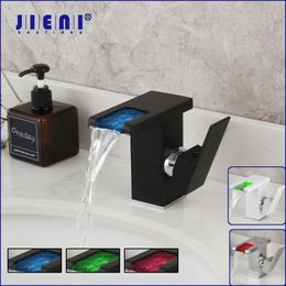 Bathroom Sink Faucets JIENI LED Waterfall Basin Wash Mixer Tap White Black Deck Mount Solid Brass Water Power 221121
