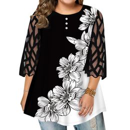 Women's Plus Size TShirt Women Plus Size TShirt Abstract Flower Print Big Yards Tops Spring Autumn Lace transparent Long Sleeve Ladies Street Hipster Tee 221121