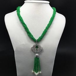 New style 7rows green stone white freshwater pearl tassel necklace micro inlay zircon accessories clasp fashion Jewellery