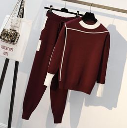 Women's Two Piece Pants 2022 Autumn Runway 2 Pieces Set Knitted Long Sleeve Pullovers Sweater Casual Patchwork fashio Jumper Tops and Pants Suits Spring