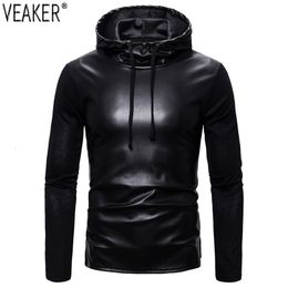 Mens Hoodies Sweatshirts PU Male Slim Fit Faux Leather Coat Black Tops Hooded Pullovers S2XL 221121