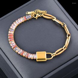 Link Bracelets SINLEERY Trend 316L Stainless Steel Colourful Square Cubic Zirconia Bracelet For Women Gold Colour Lock Jewellery Gifts SL527 SSB