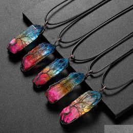 Pendant Necklaces Tree Of Life Titanium Coated Rainbow Rock Quartz Chakra Crystal Necklace Copper Wire Wrapped Irregar Rough Healing Dhhwv