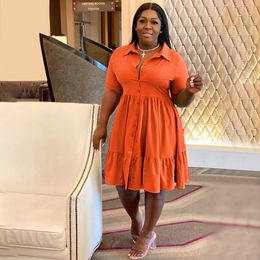 Plus size Dresses CMYAYA Plus Size Women Short Sleeve Single Breasted Ruffles Hem Big Swing Smock Shirt Dress Summer Elegant Orange Dresses 221121