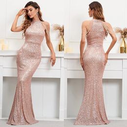 Luxuriant Sexy Prom Dresses Mermaid Halter Bead Chain Design Sleeveless Sequins Unique Floor Length Custom Made Plus Size Pink Evening Dress Robes