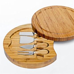 Bamboo Kitchen Tools Cheese Board and Knife Set Round Charcuterie Boards Swivel Meat Platter Holiday Housewarming Gift 1121