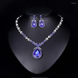Necklace Earrings Set Trendy Blue Water Drop Rhinestones Women's Inlaid Zircon Pandent For Women Wedding Accessories