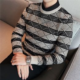 Men's Sweaters Autumn Winter Stretch Jacquard Woven Striped Sweaters Men Thick Warm Fake 2 Pieces Slim Fit Casual Knitted Pullovers 4XLM Homme 221121