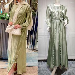 Ethnic Clothing Elegant Muslim Women 2 Pieces Matching Set Abaya Beads Satin Arab Turkish Evening Party Gown Hijab Dress Islamic Caftan