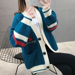 Women 'sweaters Cashmere Cardigan sweet heart Knit Korean Style Long Top stripe girls Fashion strawberry white Sweater Long Sleeve Crochet New Casual Loose jacket