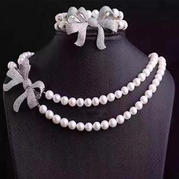 natural hand woven pearl 8-9mm fresh water with zircon micro inlay Bowknot necklace Bracelet