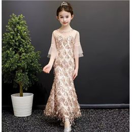 Flower Girls Dresses For Wedding New Year's Rose Gold Sequins Half Sleeve Tassels Sequined First Communion Kids Prom Dress Baby Pageant Gowns 403