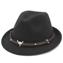 Chap￩us de Fedora para homens Roll-up Short Brim Trilby Gangster Jazz Cap com Bull Skull Belt Hatband