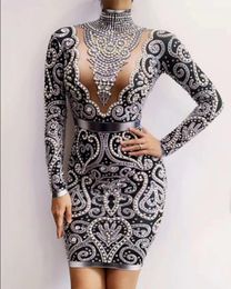 Casual Dresses Black Grey Gold s Pearls Long Sleeves Sexy Spandex Women Singer Outfit Birthday Celebrate Evening 221121