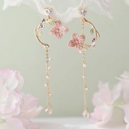 Charm Korean Style Flower Asymmetrical Dangle Earrings for Women Shiny Long Tassel Cute Cat Earring Sweet Jewellery 221119