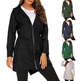 Women's Trench Coats Summer Women Wind Jacket Rain Coat Basic Style Zipper Pockets Long Sleeve Hooded Windbreaker Hiking Outdoor Colthing