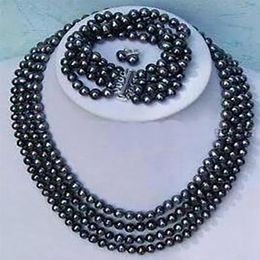 Noblest 4rows 6-7mm black pearl necklace bracelet earring sets