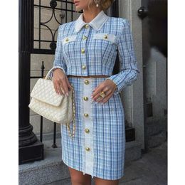 Two Piece Dress Casual Dresses Elegant Women Chic Two Piece Suits Tweed Buttoned Coat High Waist Skirt Set 221121