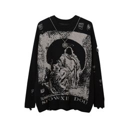 Men's Sweaters With Necklace Ripped Oversized Frayed Knitted Harajuku Winter Tops Black Gothic Men Y2k Grunge Women Red Sweater 221121