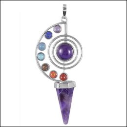 Pendant Necklaces Cone Shape Natural Stone Pendum Crystal Yoga 7 Chakra Spiral Hexagonal Pendant Amethyst Reiki Healing Pendums Jewe Dhtvr