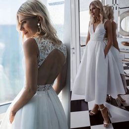 Short Wedding Dress Satin A-Line V-Neck Lace Sexy Backless White Tea-Length Bridal Gown Custom Made
