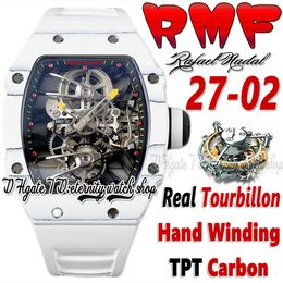 RMF ysf27-02 Mens Watch Real Tourbillon Mechanical Hand Winding TPT Quartz Carbon Fiber Case Skeleton Dial White Rubber Strap Super Edition Sport eternity Watches