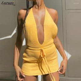 Casual Dresses Luzuzi Halter Neck Backless Mini Dress Sexy Vacation Outfits For Women Fashion Summer Beach Wear Knitted Bodycon
