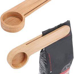 Spoon Wood Coffee Scoop With Bag Clip Tablespoon Solid Beech Wooden Measuring Scoops Tea Bean Spoons Clips Gift B1129
