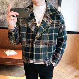 Men's Wool Blends Wool Blend Trench Jackets Autumn Winter Short Loose Jacket Korean Fashion Plaid Jacket Mens DoubleBreasted Tweed Coat 221121