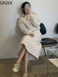 Two Piece Dress Casual Dresses UNXX Korean Fashion Suit Autumn Winter Lattice Hooded Quilted Sweatshirt High Waist ALine Long Skirt TwoPiece Female 221121