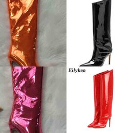 Boots Candy Colour Mirror Leather Women Knee High Boots High Heels Stilettos Nightclub Runway Pointed Toe Shoes Botas Mujer 220913