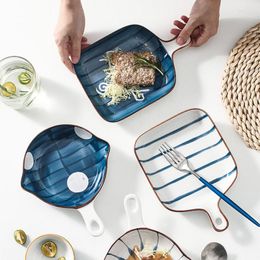 Plates Japanese-style Hand-painted Baking Tray With Handle Ceramic Household Tableware Bowl Creative Plate Ins Wind Dish