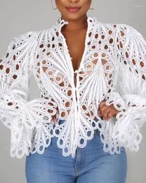 Women's Blouses Women White Lace V Neck Hollow Out T-Shirts Long Sleeve Blouse Eyelet Embroidery Button Front Bell Tops