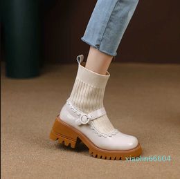 Boots English style thick soled square head Mary Jane socks boots Autumn and winter high heel muffin hollow out single shoes